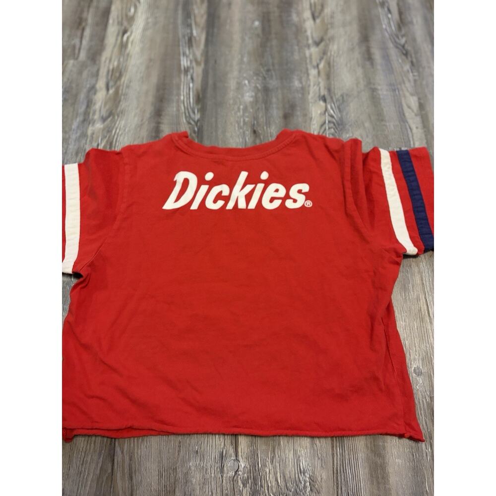 Dickies Crop T Shirt Women’s M Red Logo Striped Sleeve Y2K Skater Streetwear - Picture 9 of 9